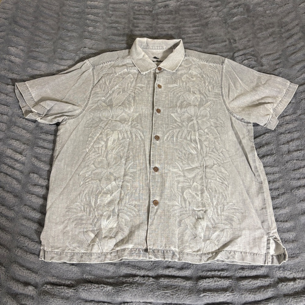 Tommy Bahama Mens XL Gray Floral Jacquard Silk Blend Short Sleeve Camp Shirt